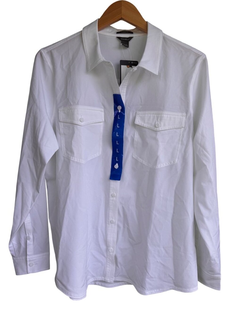 Eddie Bauer Departure Long Sleeve Tab White Shirt Womens L Travel Stretch New